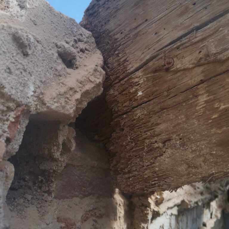 Detalle de viga de madera deteriorada con signos de humedad